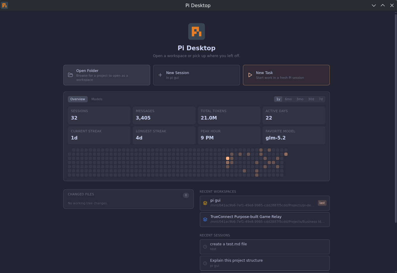 Pi Desktop — Home launcher with activity stats and recent work