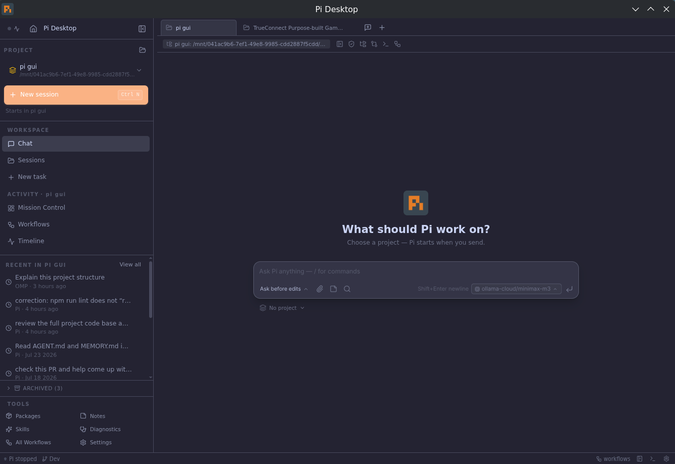 Pi Desktop — chat view with the composer and sidebar