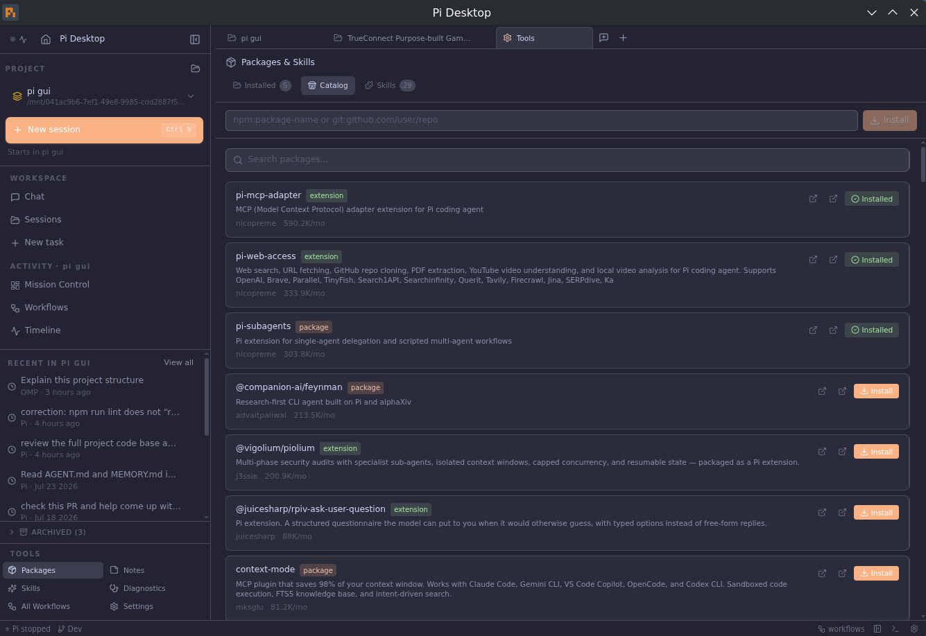Pi Desktop — packages and skills browser