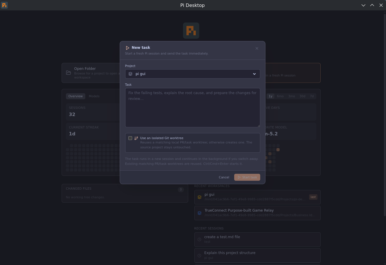 Pi Desktop — New Task launcher with the isolated worktree option