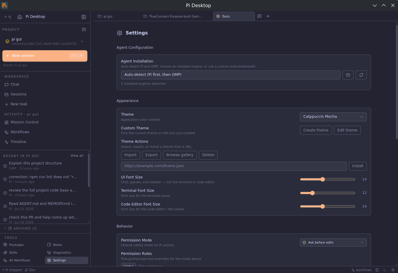 Pi Desktop — settings with the agent installation picker