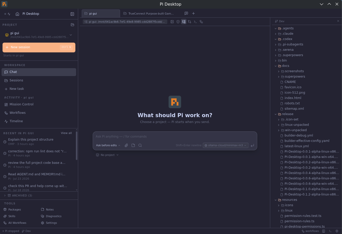 Pi Desktop — chat with the file tree open