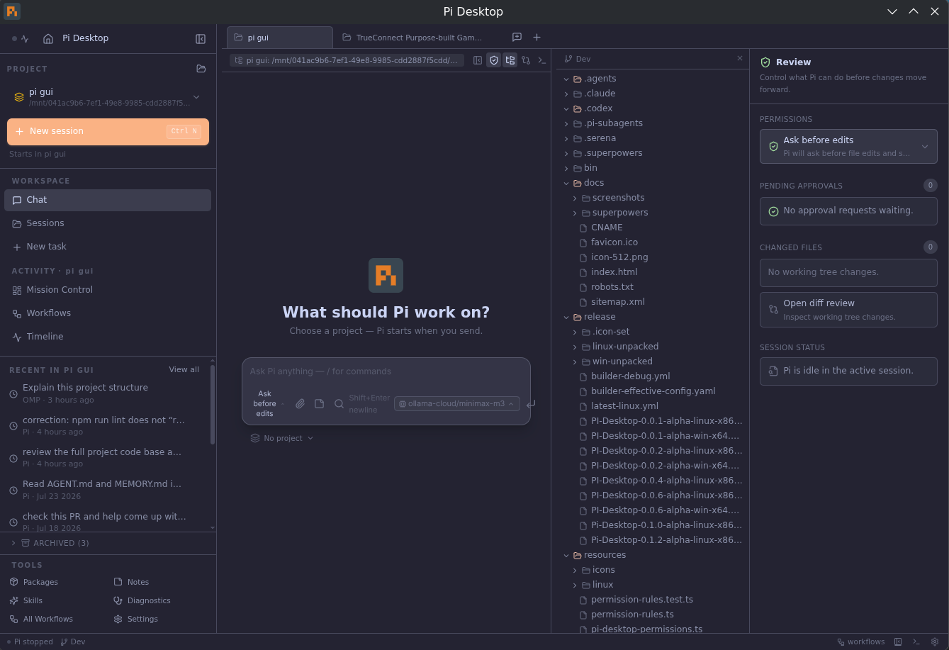 Pi Desktop — Review rail with permissions and changed files