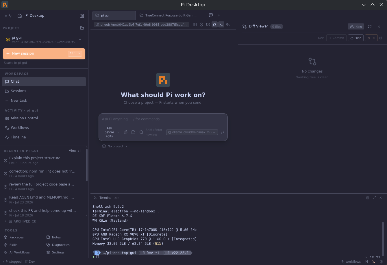 Pi Desktop — diff viewer with Commit, Push, and PR actions above the terminal