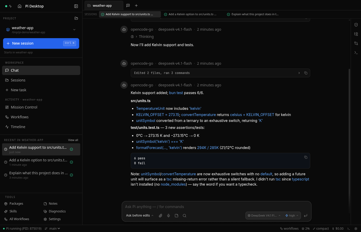 Pi Desktop chat view with composer and sidebar