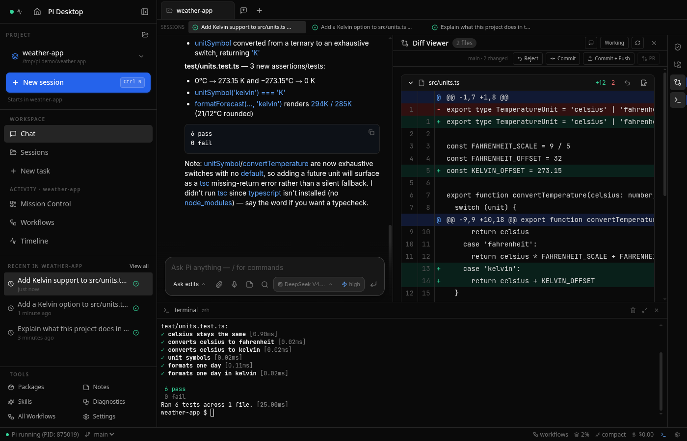 Pi Desktop diff viewer with Git actions and integrated terminal