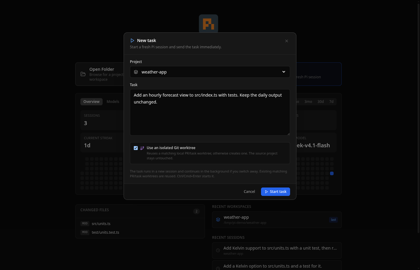 Pi Desktop New Task launcher with isolated worktree option