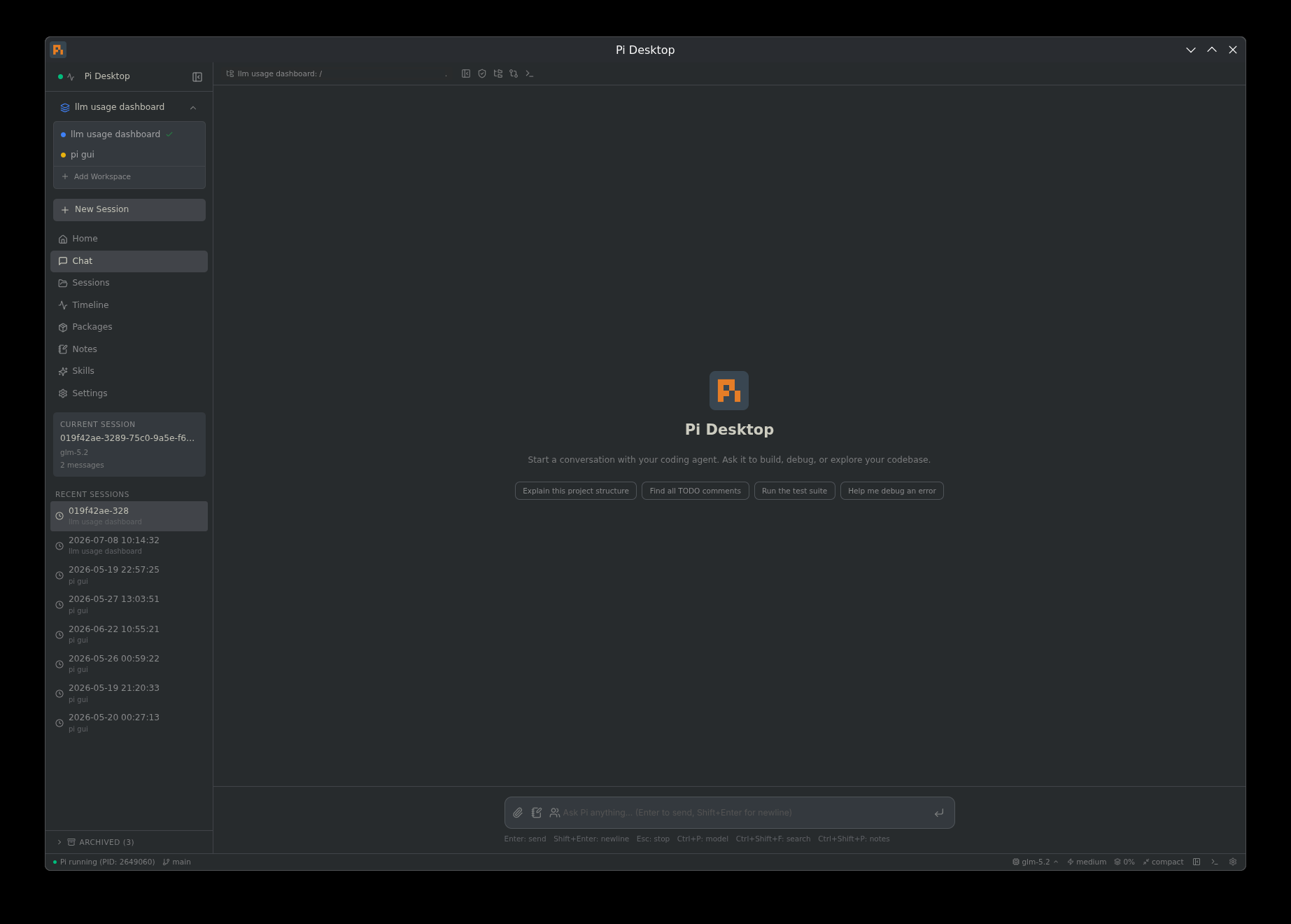 Pi Desktop — chat view with workspace switcher
