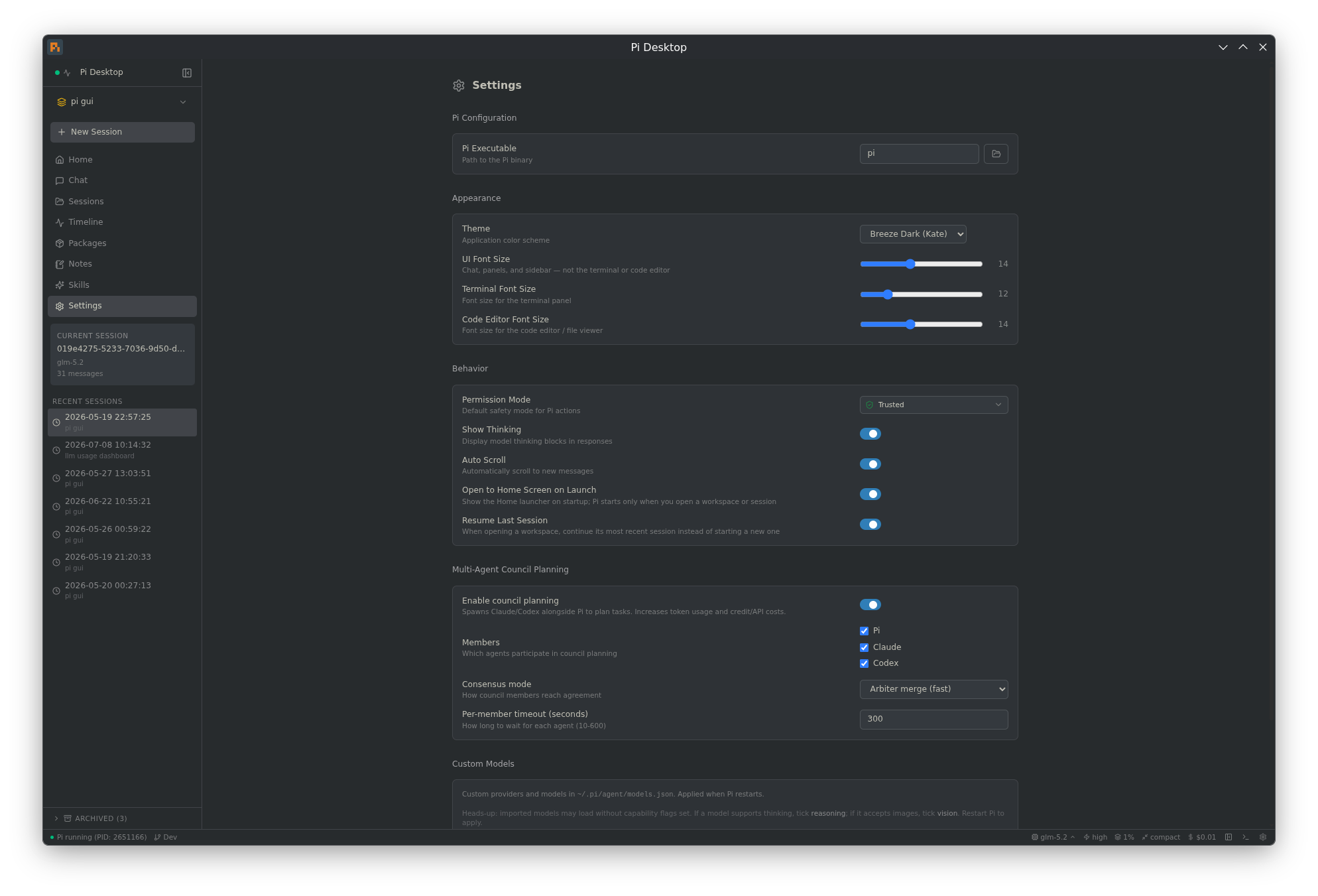 Pi Desktop — settings