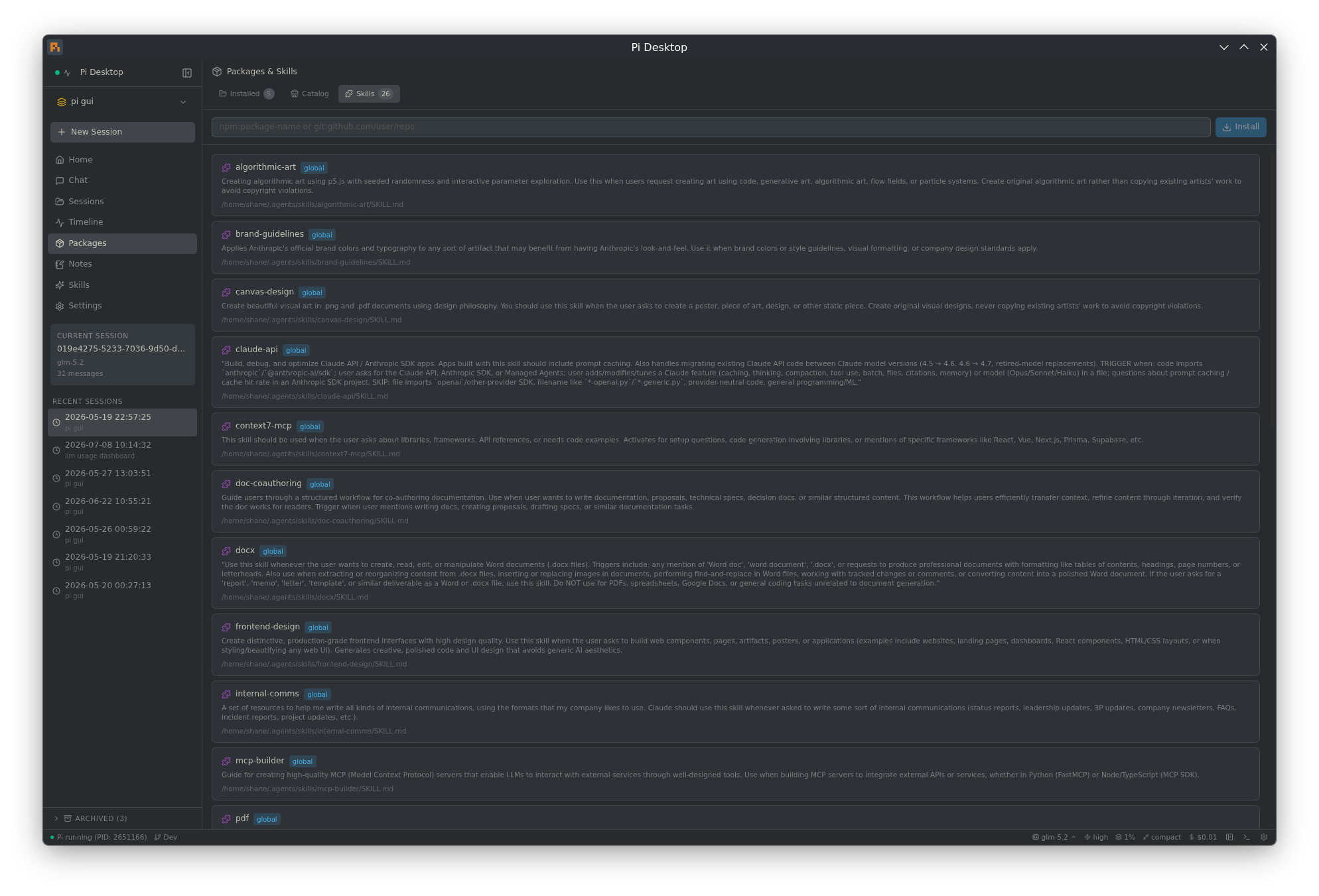 Pi Desktop — packages and skills browser