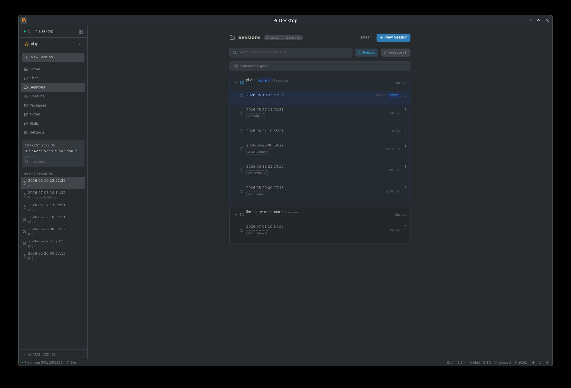 Pi Desktop — sessions list