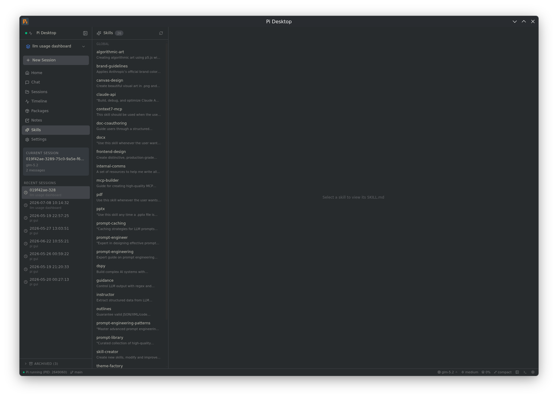 Pi Desktop — skills panel